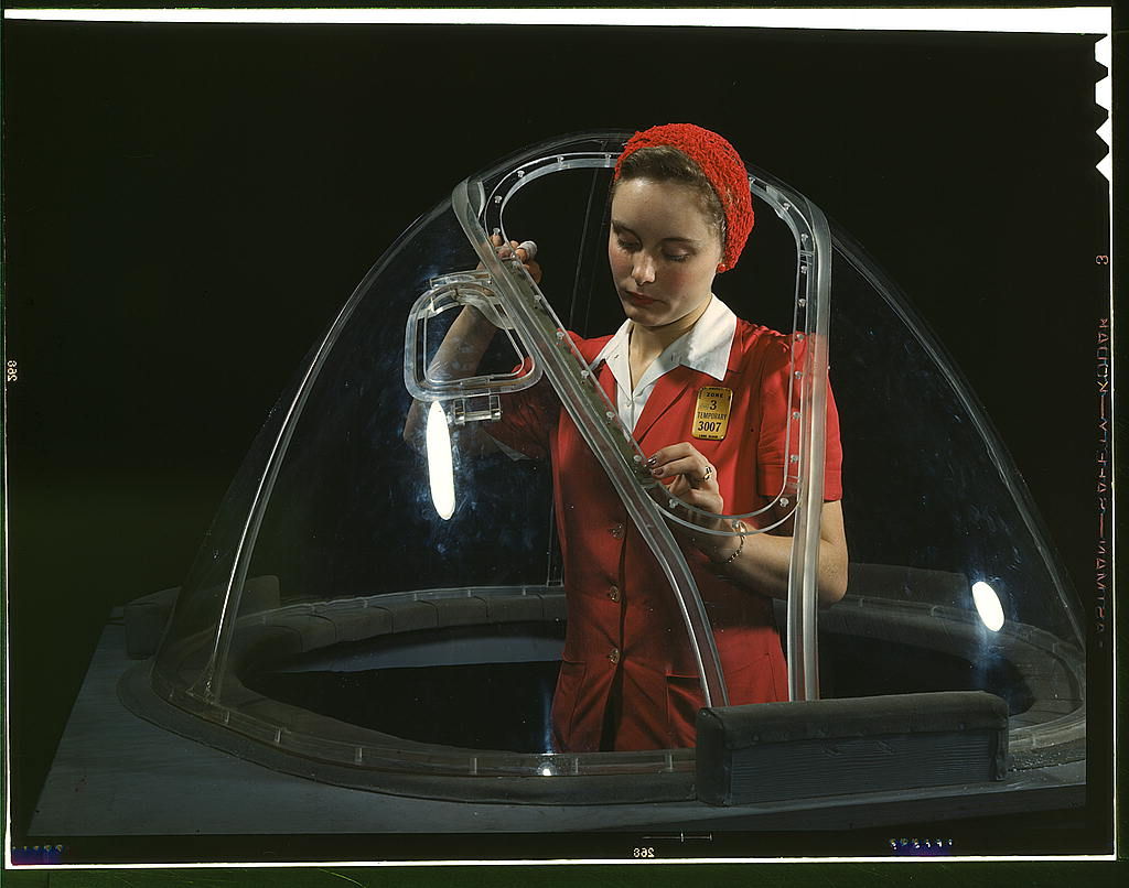 Flickr Photo Download: This girl in a glass house is putting finishing touches on the bombardier nose section of a B-17F navy bomber, Long Beach, Calif. She's one of many capable women workers in the Douglas Aircraft Company plant. Better known as the "Flying Fortress," the B-1