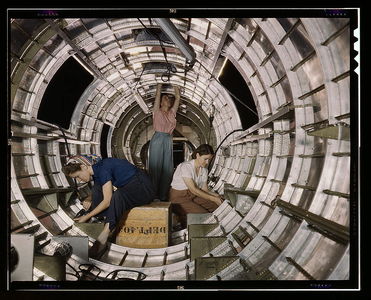 Flickr Photo Download: Women workers install fixtures and assemblies to a tail fuselage section of a B-17F bomber at the Douglas Aircraft Company, Long Beach, Calif. Better known as the "Flying Fortress," the B-17F is a later model of the B-17 which distinguished itself in acti